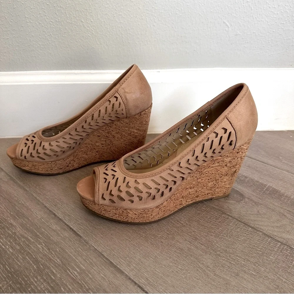 Adrienne Vittadini Carilena Taupe Cutout Leather Cork Wedge Peep Toe